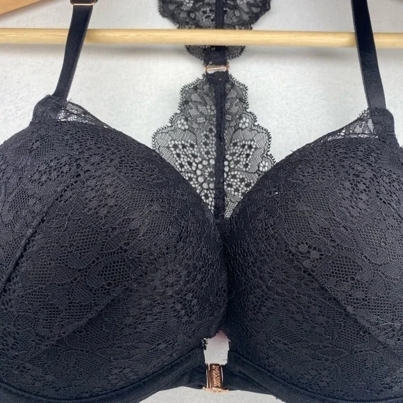 PINK VICTORIA SECRET BLACK LACE PADDED BRA WITH PINK LINING - Picture 2 of 6